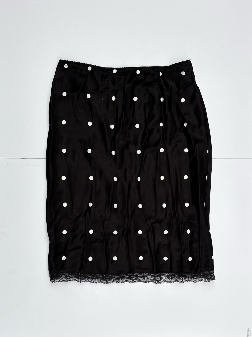 Asos Black Polka Dot Satin midi 90's length Slip Skirt with Lace Trim